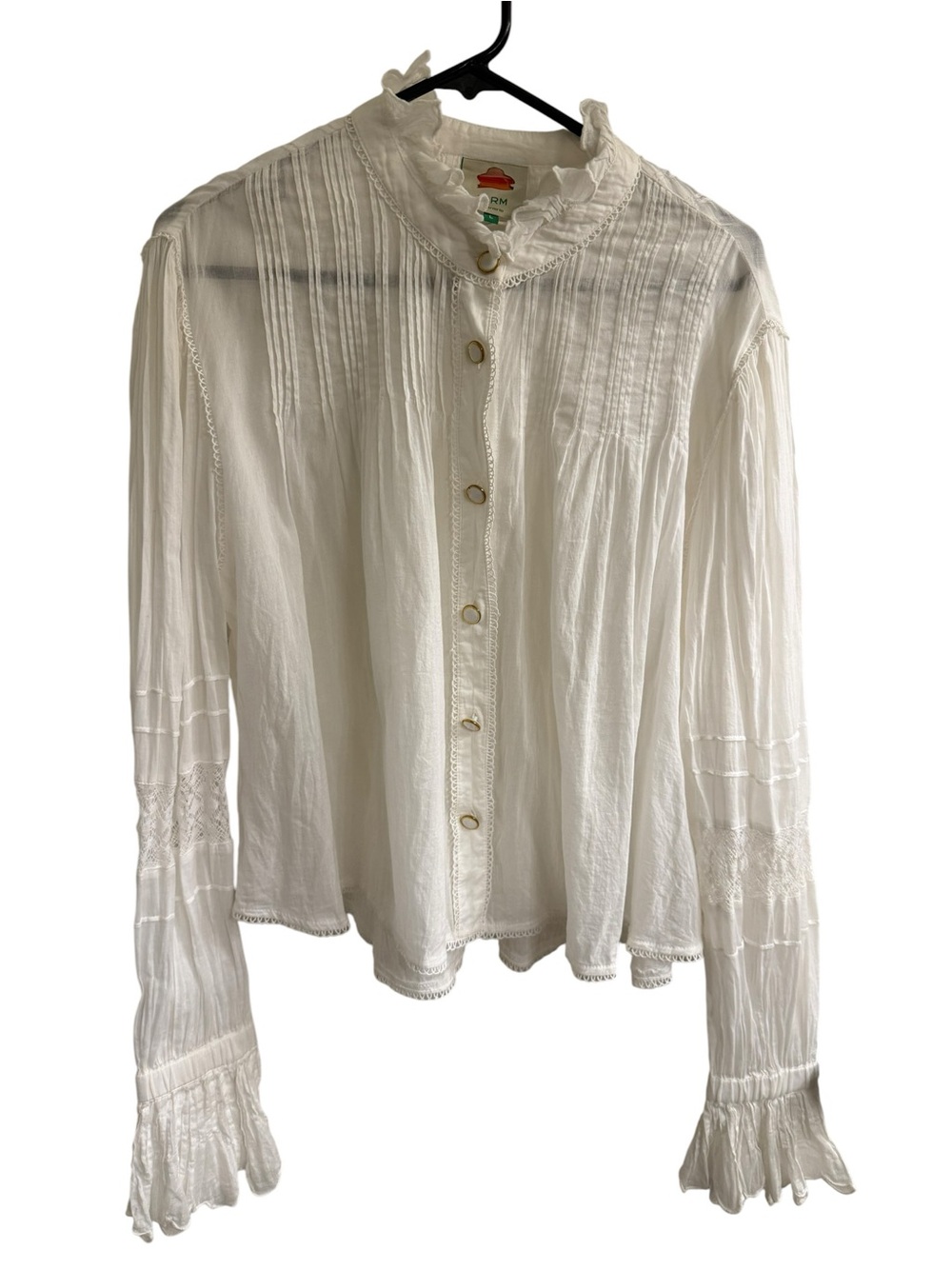 Farm Rio White Ruffle Sleeve Gold Button-Down Shirt | Size Large - Picture 7 of 8